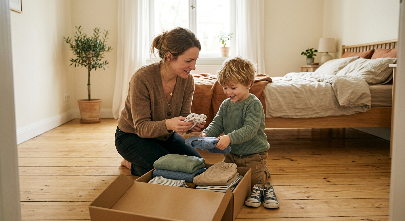 A parent and child folding outgrown children’s clothes into a donation box at home